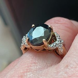 Black/Dark Blue Spinel Diamond Ring Yellow Gold Plated Sterling Silver Size 6.75